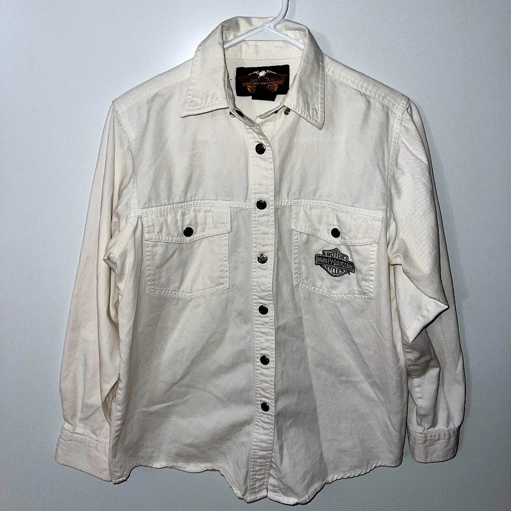 Harley Davidson White Denim Snap Front Shirt Jacket‎ Size Medium